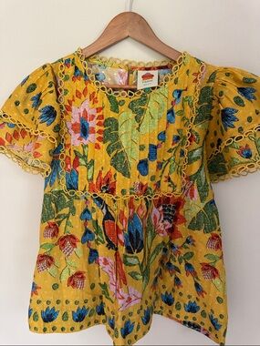FARM Rio Yellow Embroidered Floral Peasant Top
